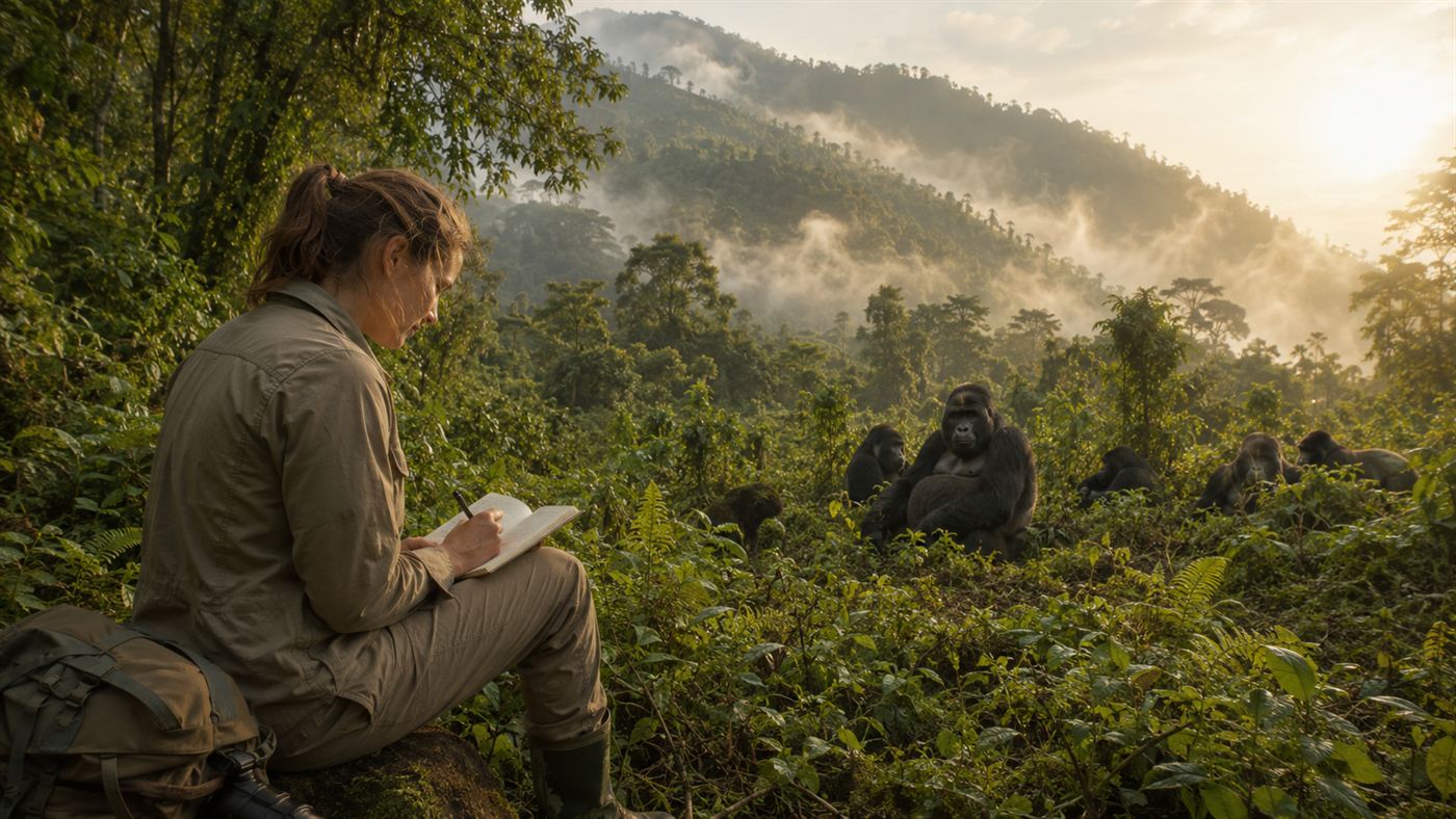 A wildlife researcher in field clothes writing in a notebook at the edge of a misty rainforest clearing where a gorilla family rests among the undergrowth, recreating the observational methods developed at Karisoke