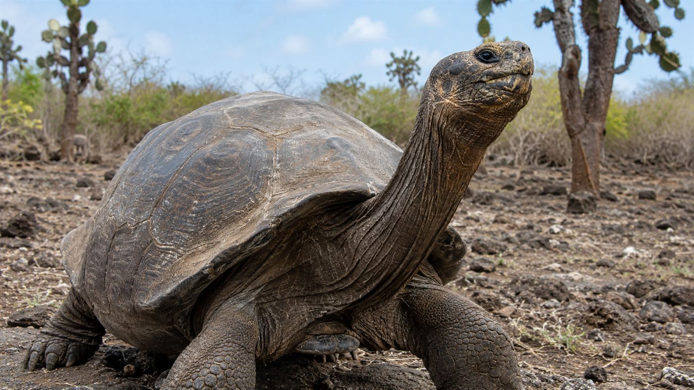 A huge old Galapagos giant tortoise with a thick domed shell and wrinkled neck raised, standing on the dry scrubby ground of Espanola Island under bright light
