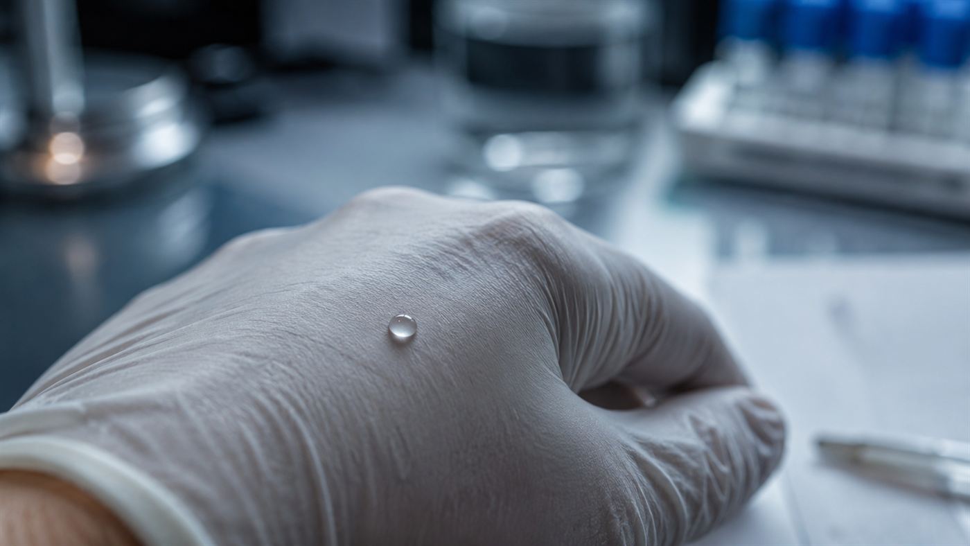 A single bead of clear dimethylmercury liquid resting on the back of a thin latex glove on a laboratory bench