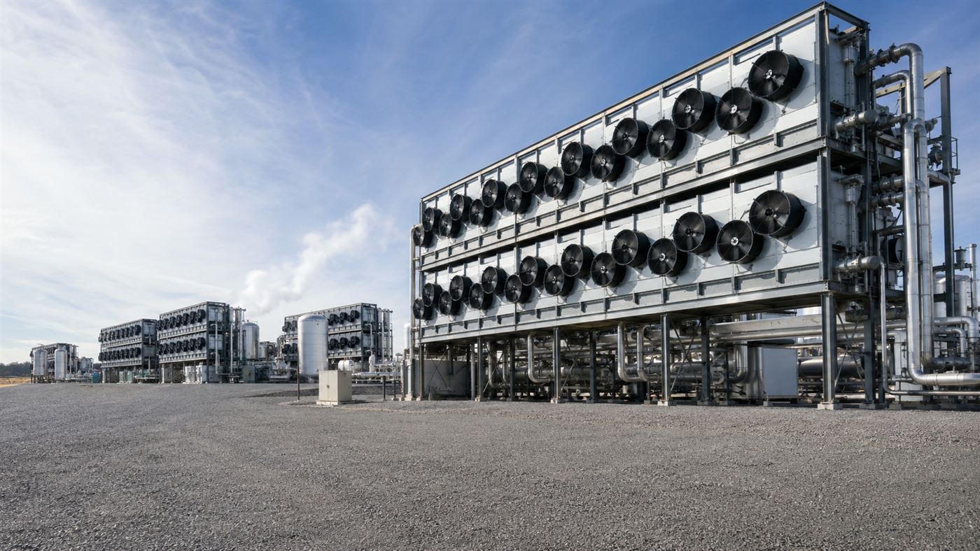 A large industrial direct air capture plant with rows of big fans pulling carbon dioxide from the air