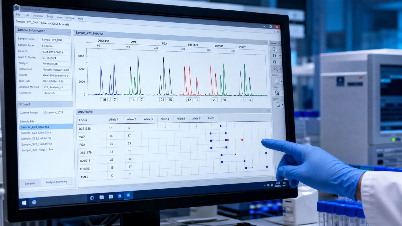 A forensic DNA profile shown as coloured peaks on a crime lab computer screen