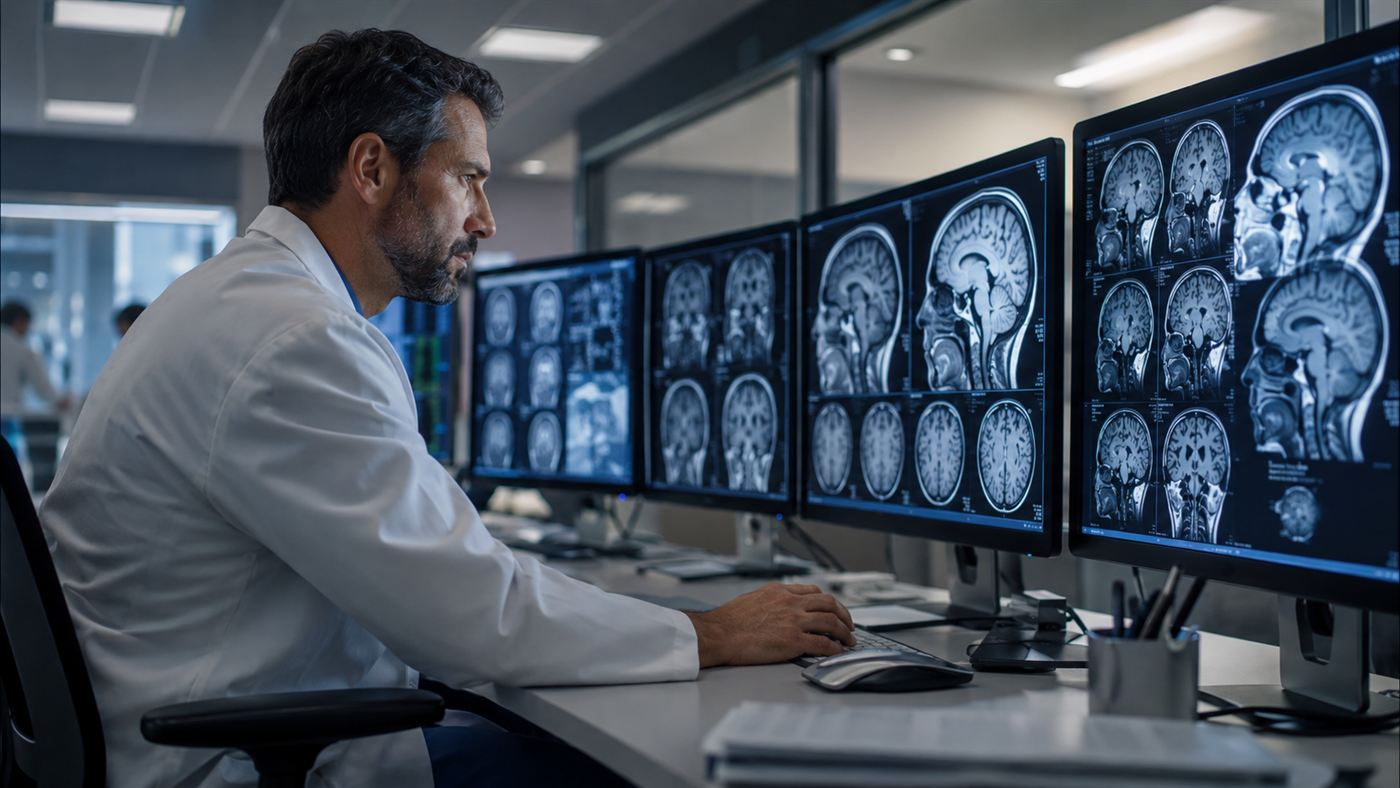 A doctor reviewing a series of brain scans on multiple monitors in a clinical setting
