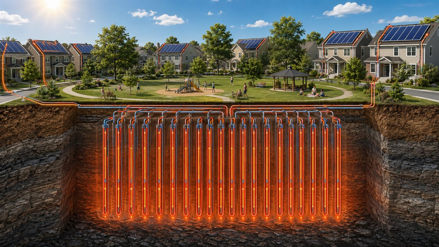 A cutaway showing rooftop solar collectors sending summer heat into a grid of underground boreholes at Drake Landing