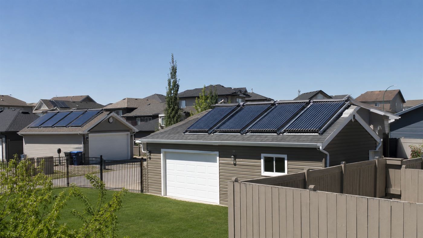 Rows of solar thermal collectors on garage roofs glowing under bright summer sun at Drake Landing