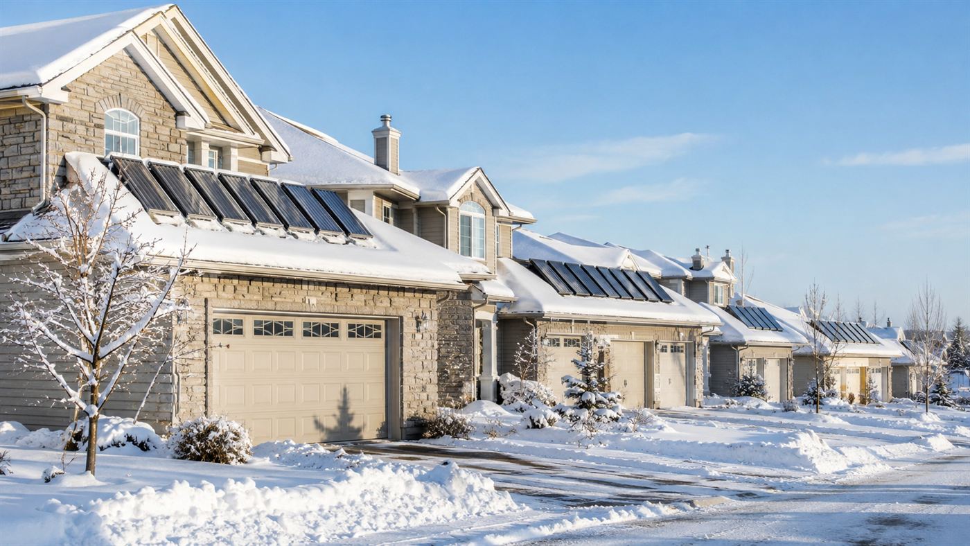 The snowy houses of the Drake Landing Solar Community with rows of solar thermal collectors on the garage roofs in winter