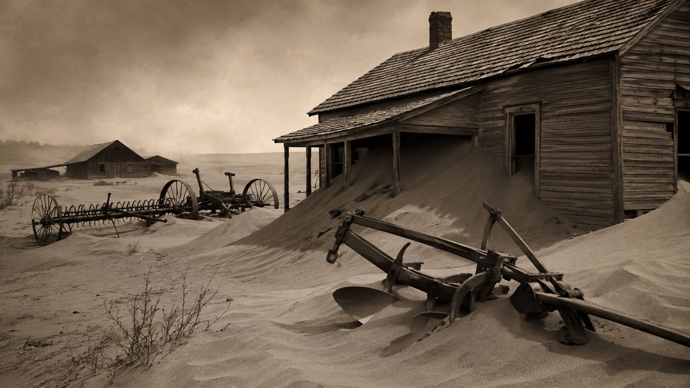 A 1930s Great Plains farmhouse and machinery half buried in drifts of blown dust and sand
