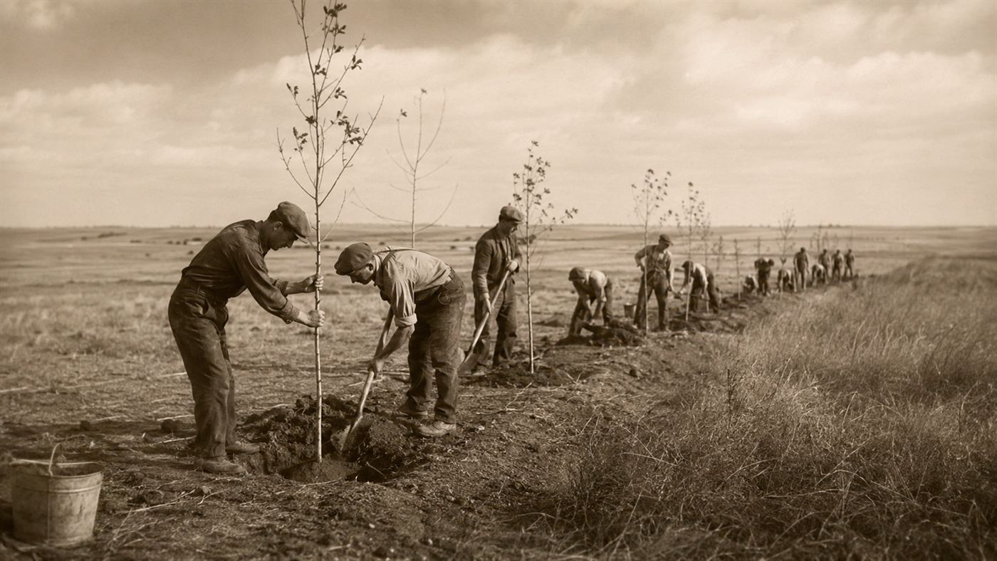 Workers planting a long row of young trees as a windbreak across open plains farmland in the 1930s