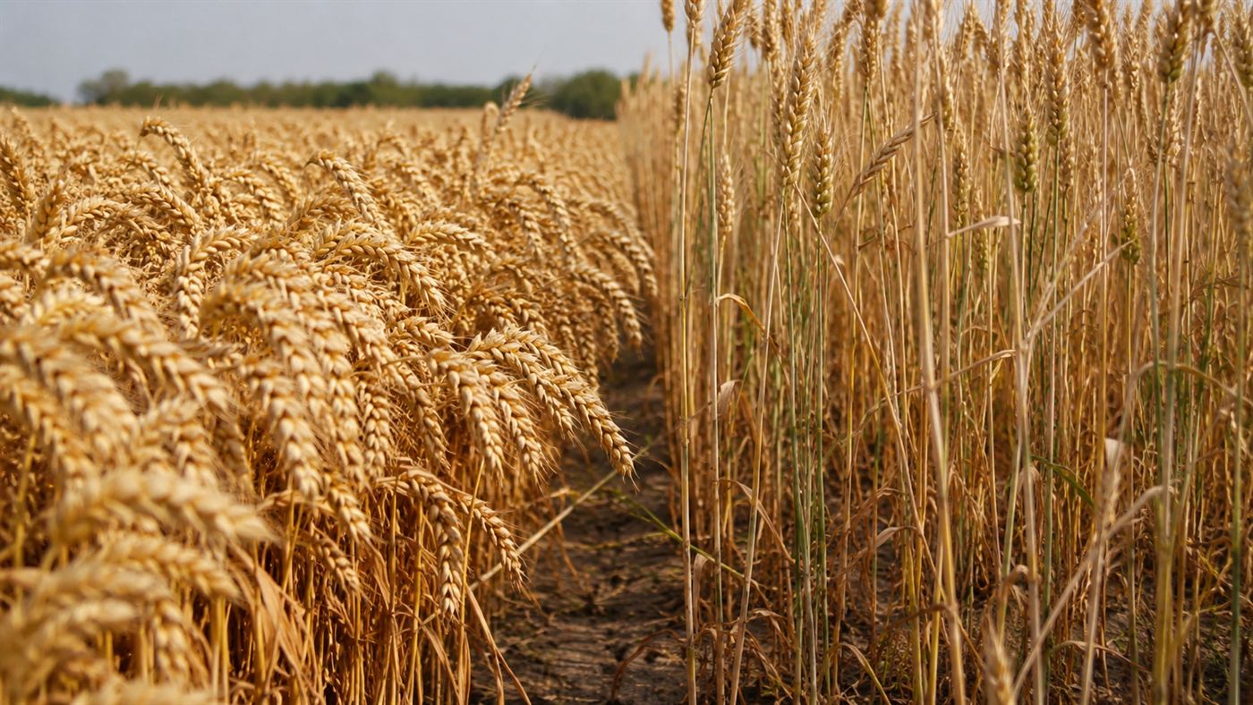 Short-stalked dwarf wheat heavy with plump golden grain heads next to taller thinner wheat in a field