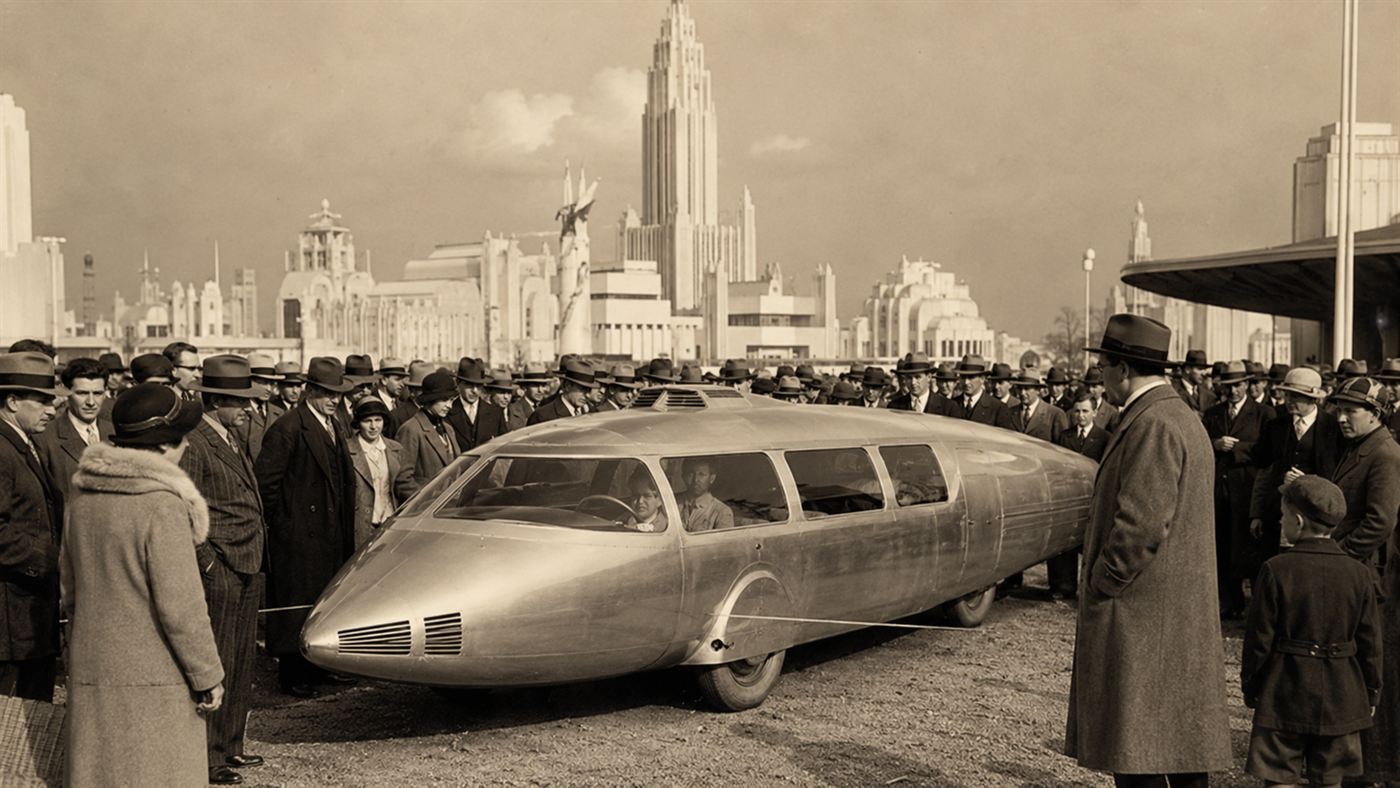 Crowds gathered around the silver Dymaxion car at the 1933 Chicago Century of Progress World's Fair
