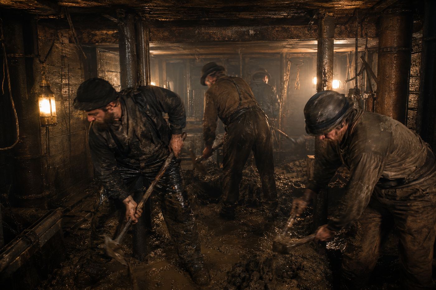 Workers labouring inside a cramped pressurized underwater caisson chamber by lamplight during the building of a bridge foundation in the 1870s
