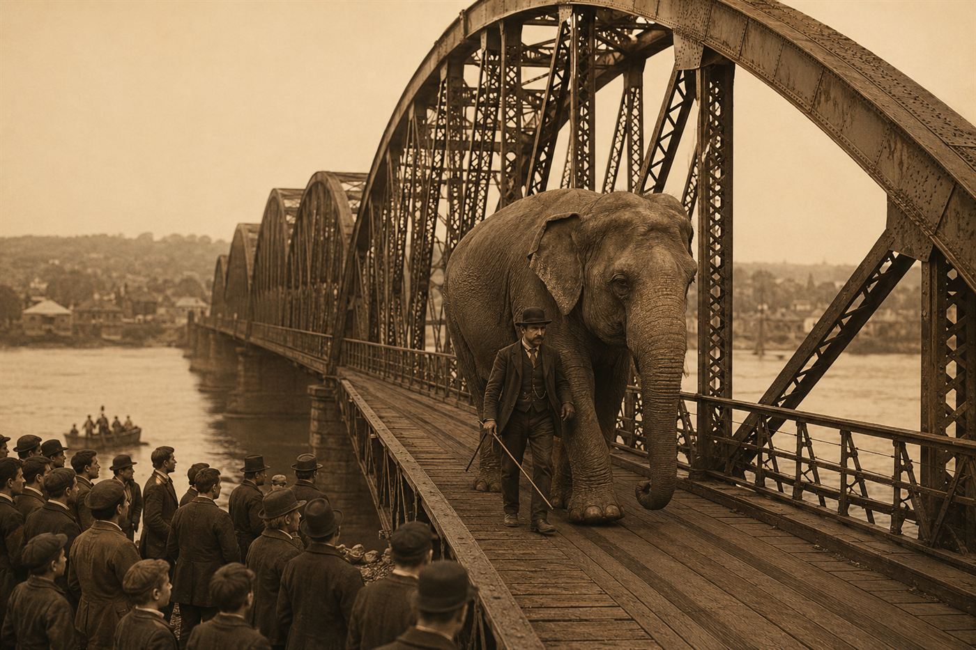 A circus elephant being led across a long steel arch bridge over a wide river before a crowd in 1874, a public safety demonstration