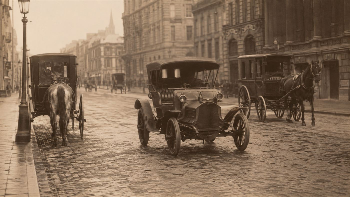 One of the first early motor cars driving among a few remaining horse-drawn carriages on an early 1900s street