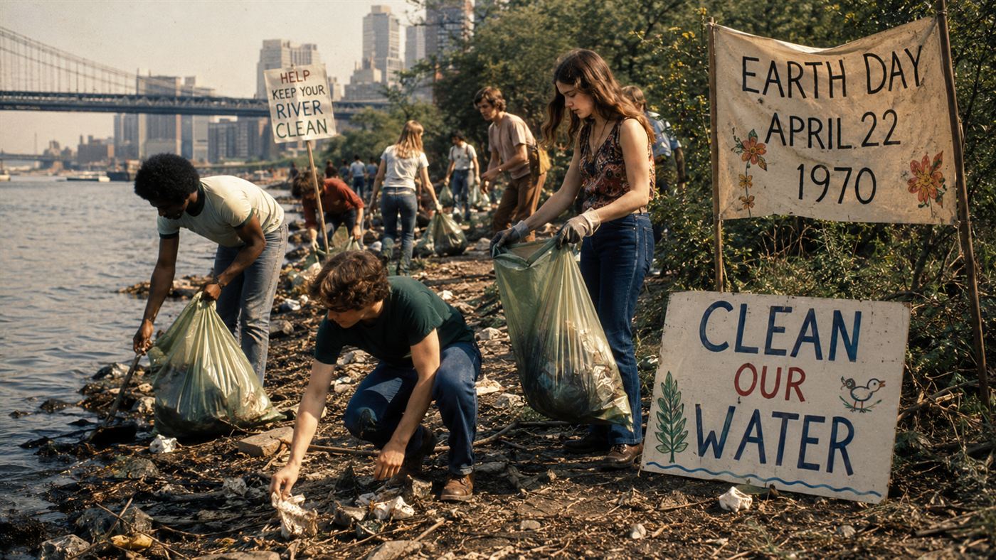 Young volunteers with hand-painted signs cleaning rubbish from a river bank on the first Earth Day in 1970