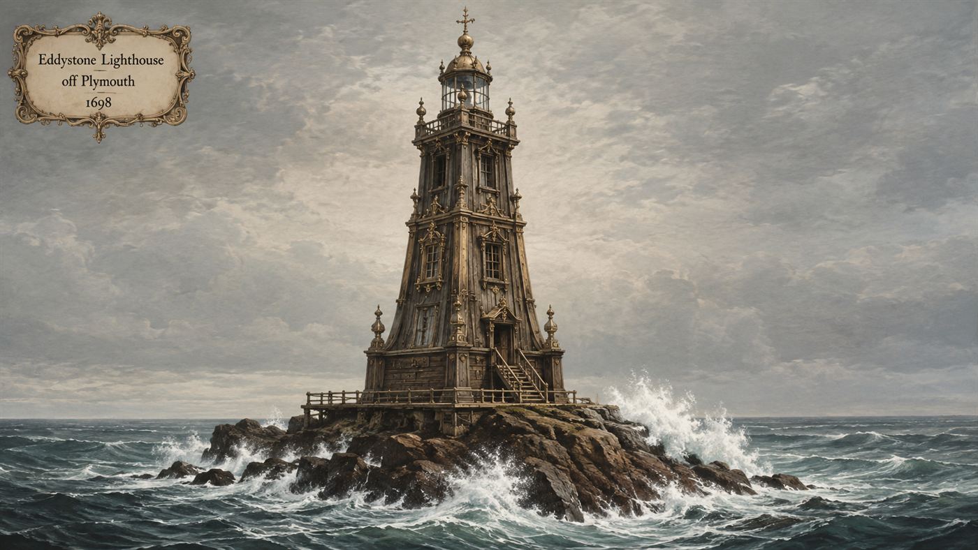 The ornate first Eddystone Lighthouse, a tall wooden tower on a wave-battered rock off Plymouth