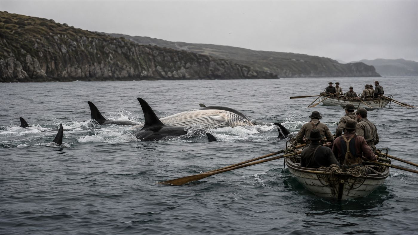 Orcas herding a large baleen whale toward small whaleboats in Twofold Bay during a hunt