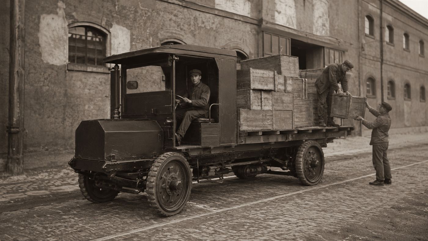 An early 1910s boxy electric delivery truck loaded with crates parked on a city street