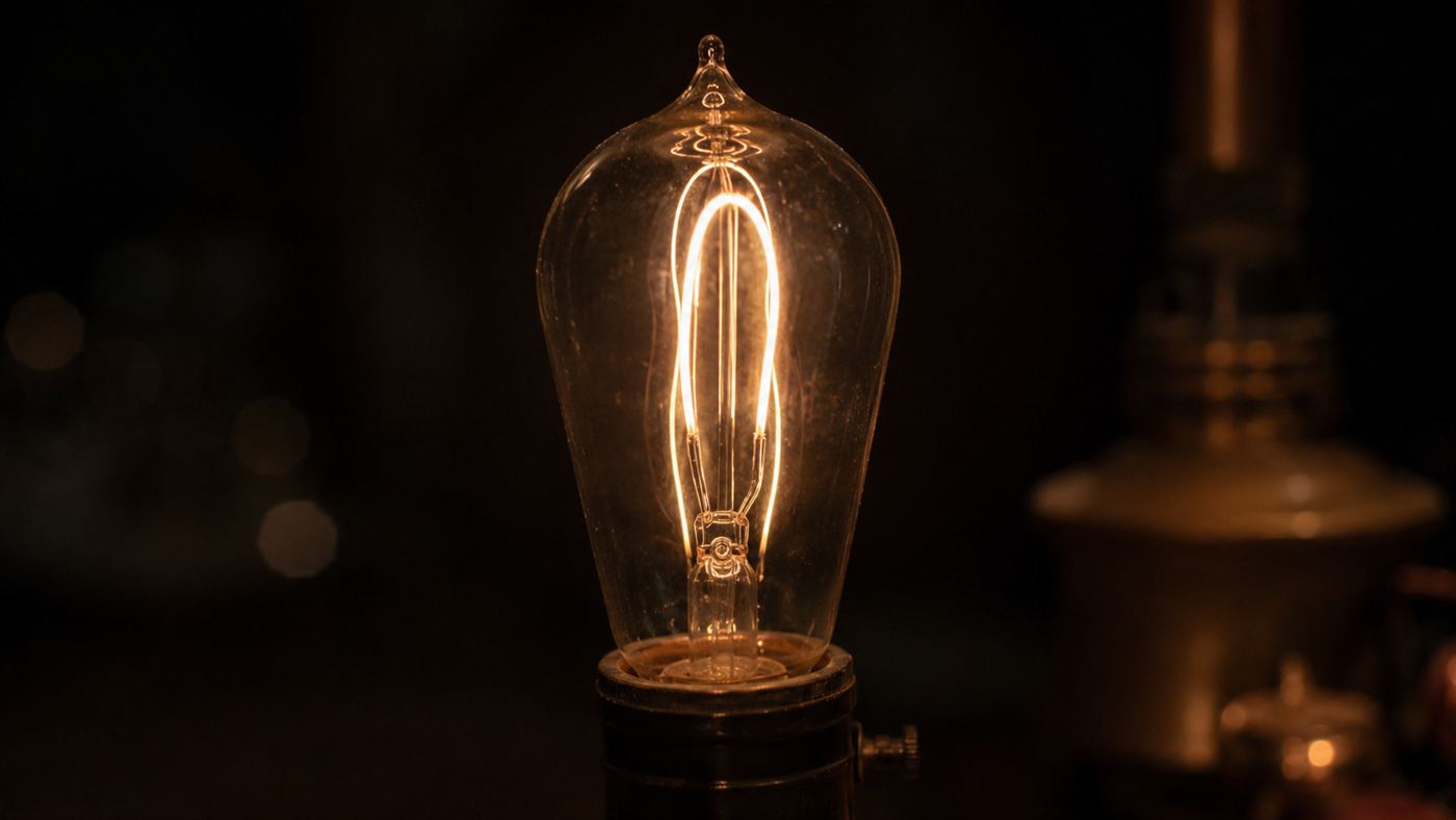 A close-up of an early Edison carbon-filament incandescent light bulb glowing warmly against a dark background