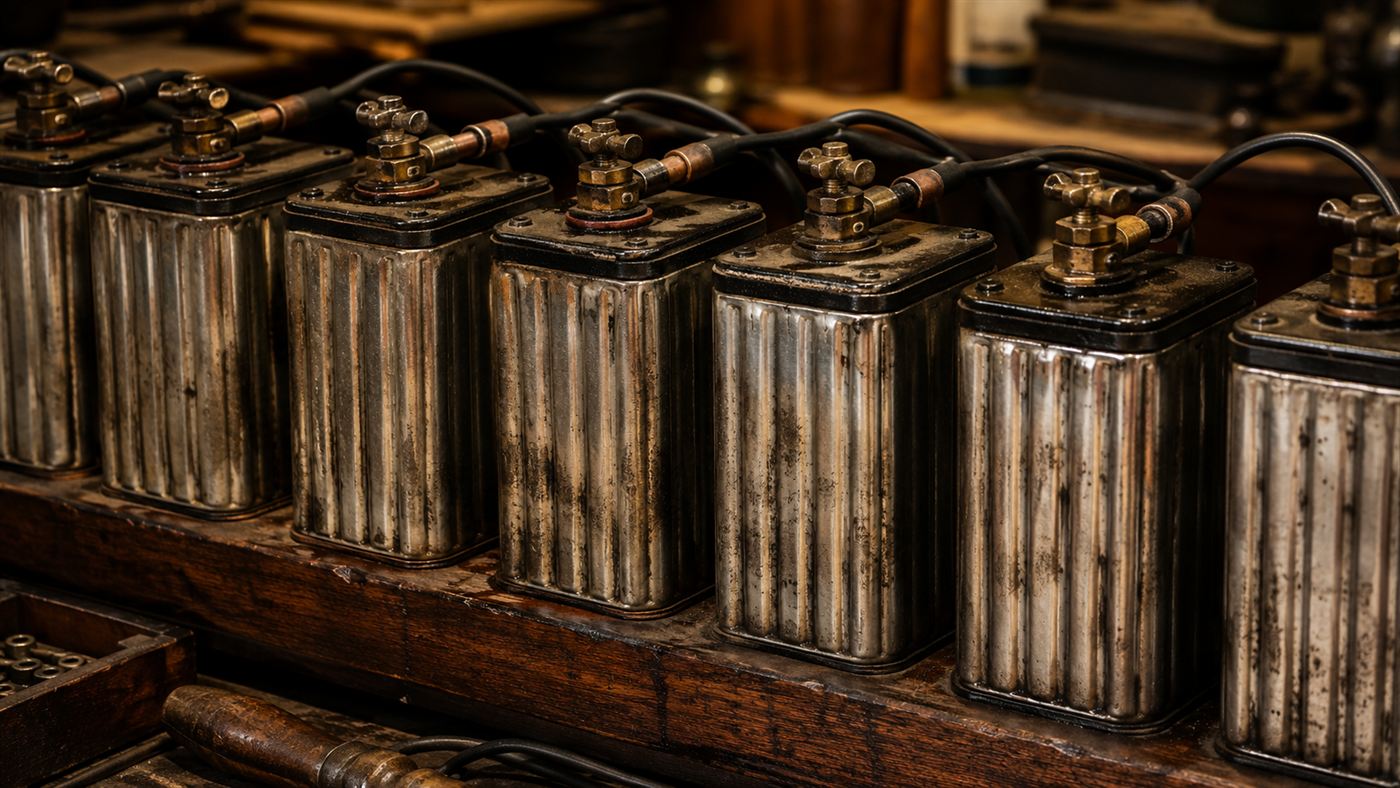 A row of antique Edison nickel-iron battery cells in nickel-plated steel cases with screw terminals on top