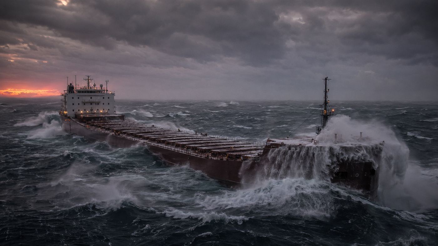 The Edmund Fitzgerald, a huge Great Lakes ore freighter, battered by towering waves in a Lake Superior storm