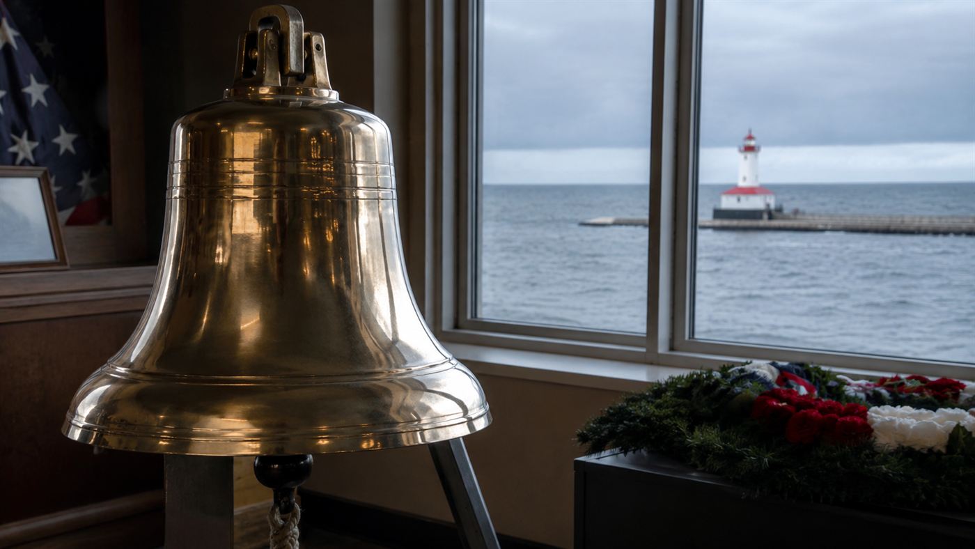 A memorial bell for the Edmund Fitzgerald near Whitefish Bay on Lake Superior