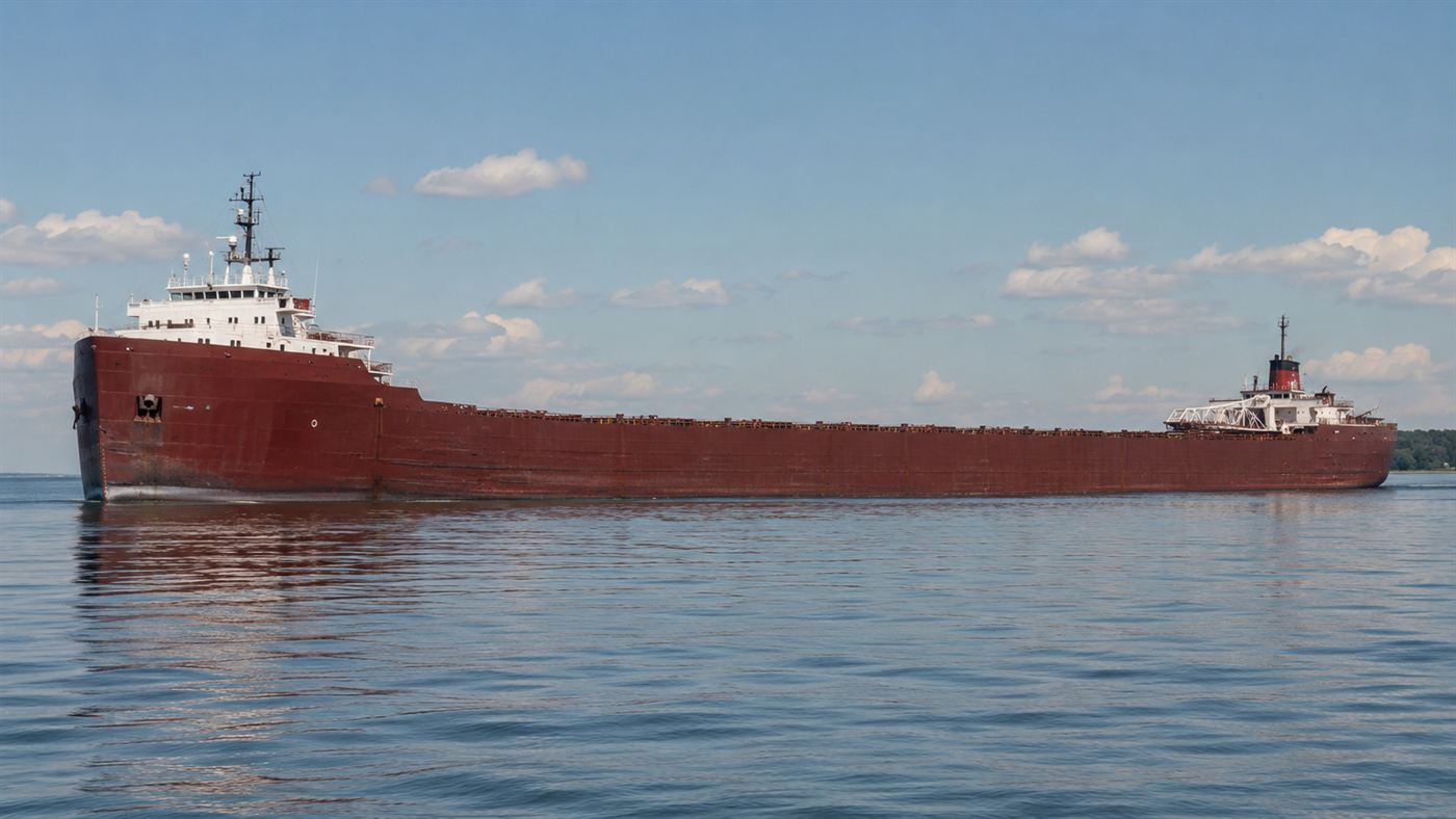 The Edmund Fitzgerald, the largest Great Lakes freighter of its day, riding calm water fully loaded with iron ore
