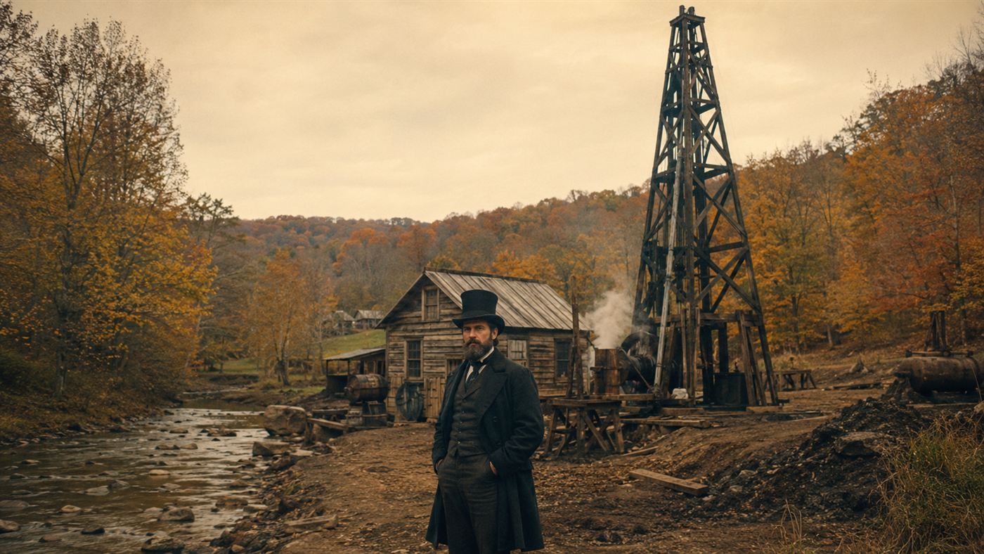Edwin Drake in a top hat standing before a wooden oil derrick beside a creek, the first oil well at Titusville in 1859