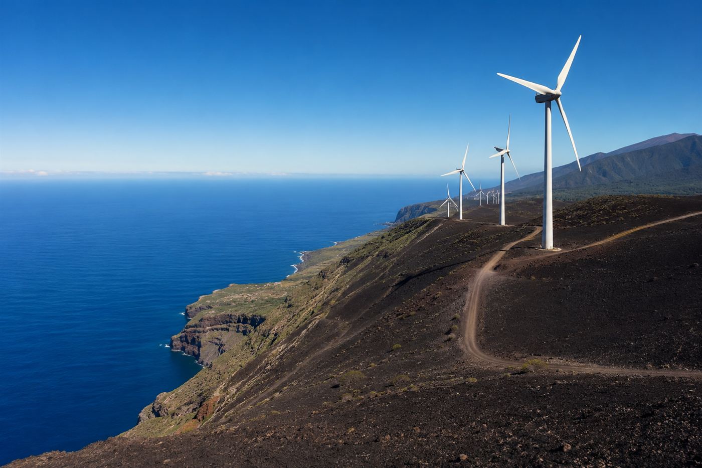 Wind turbines on a volcanic ridge of El Hierro island above the Atlantic