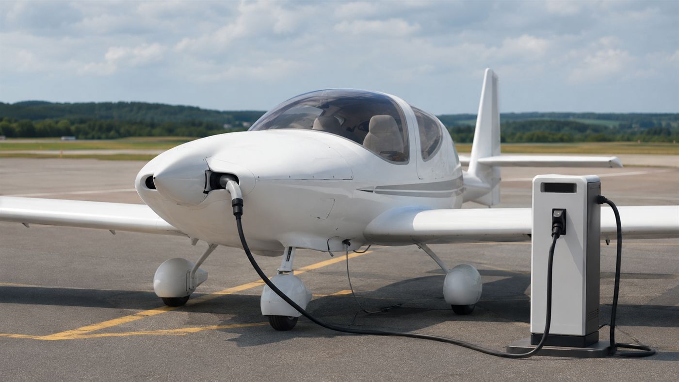 A Pipistrel Velis Electro electric aircraft plugged into a charging cable on the apron of an airfield
