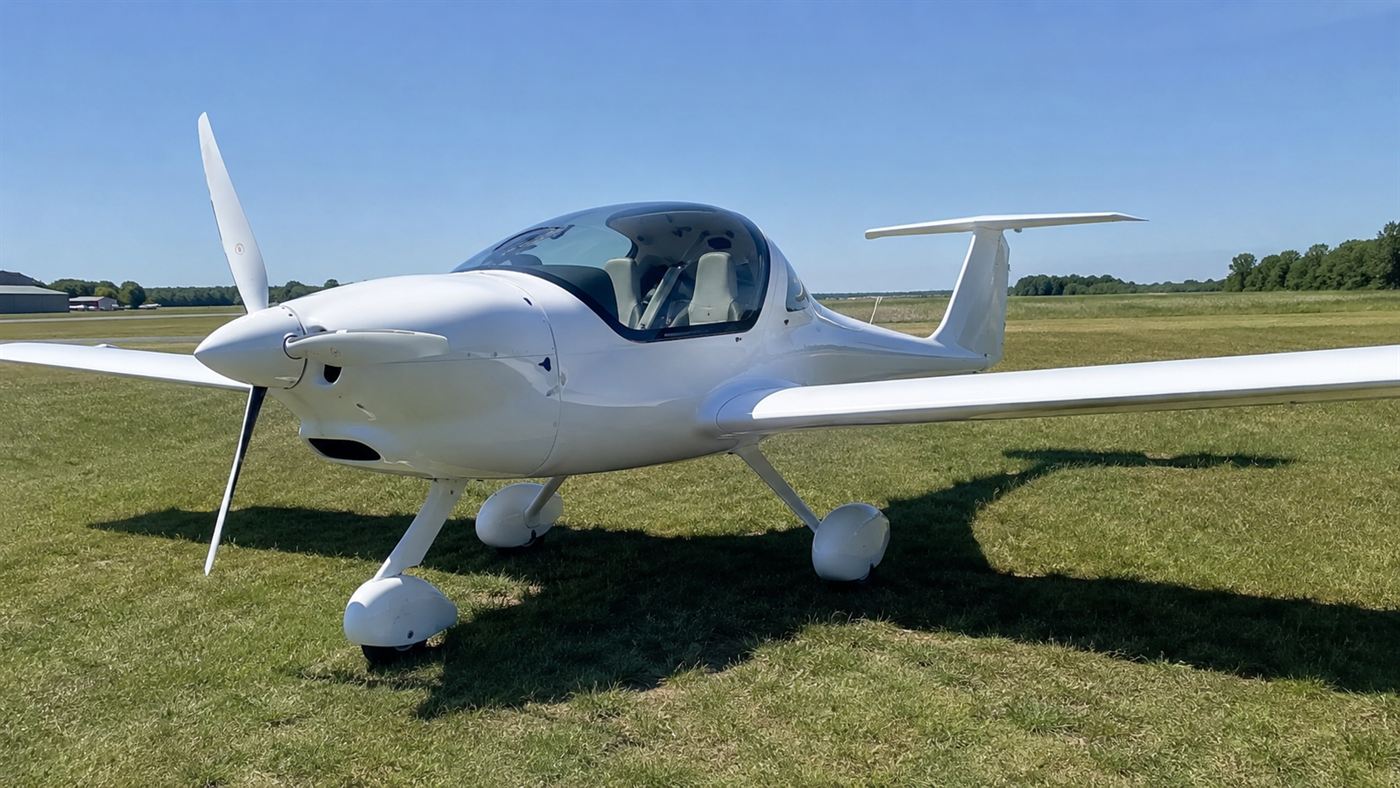 The Pipistrel Velis Electro electric aircraft, a small white two-seat plane, parked on an airfield