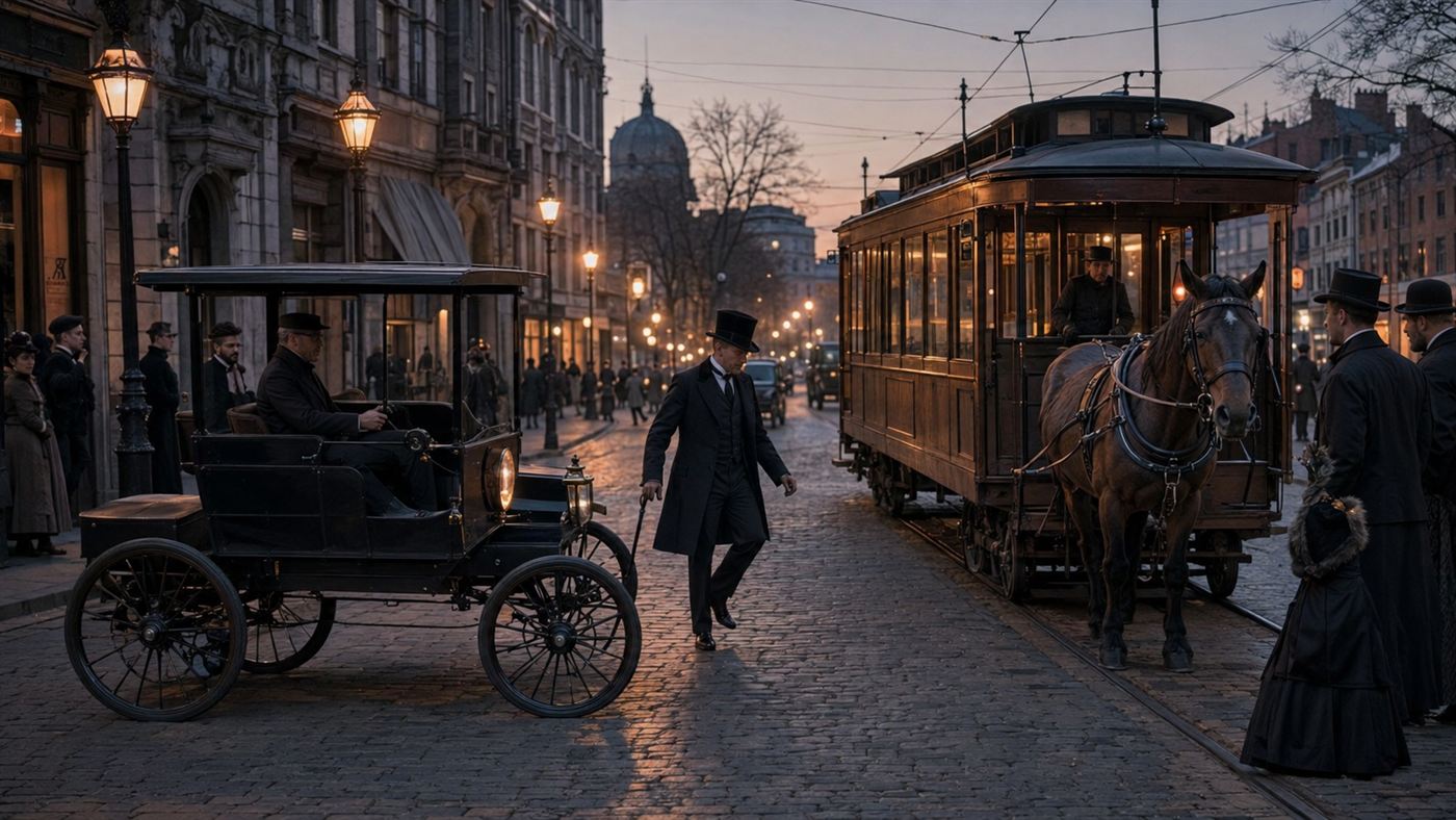 An 1890s street scene with an electric cab beside a streetcar and a man stepping into its path at dusk