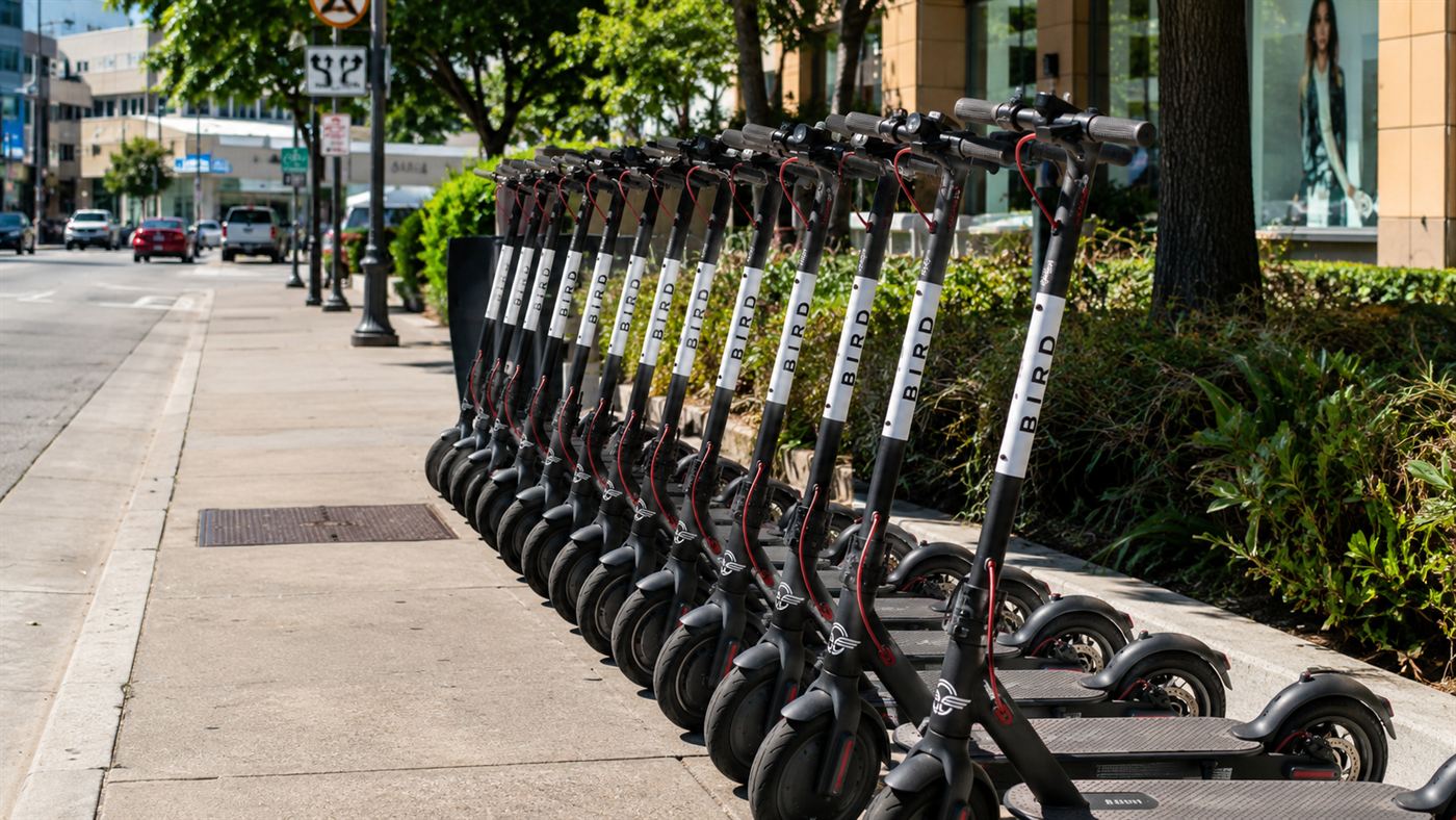 A row of modern shared electric scooters parked on a city street, the descendants of the Segway's vision