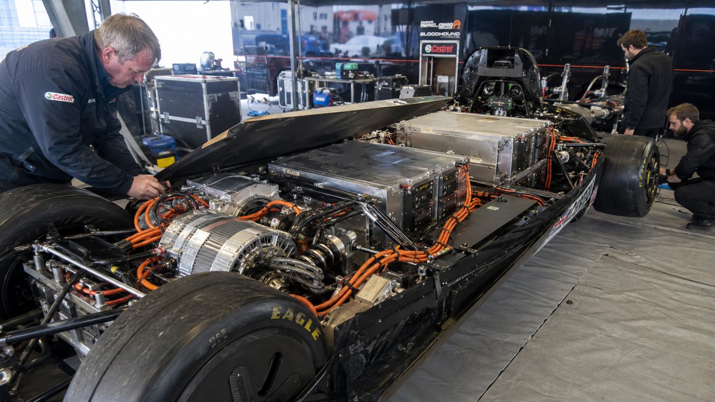 The internal battery packs and electric motors of an electric land-speed streamliner being worked on in a pit
