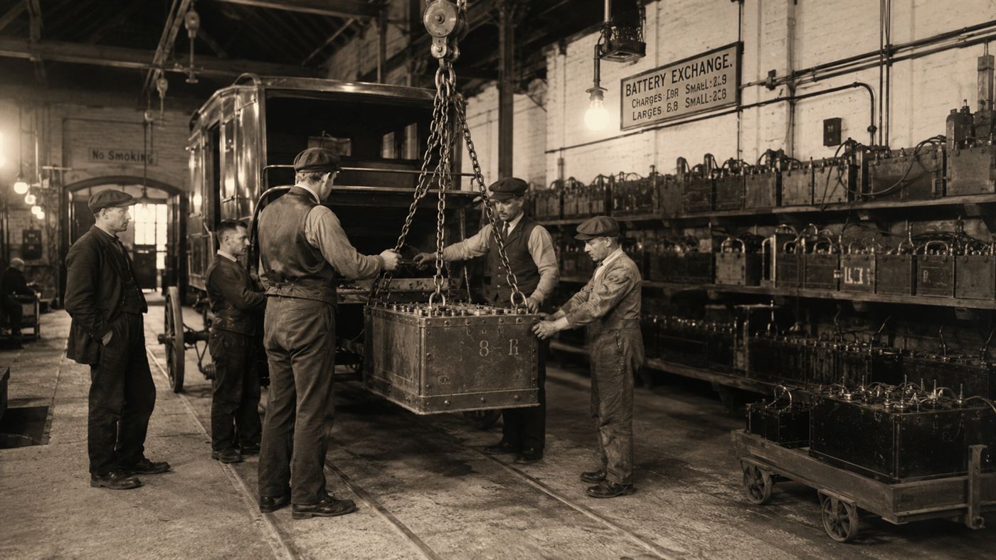 An 1899 electric taxi battery swap station with an overhead crane lifting a heavy battery from a carriage