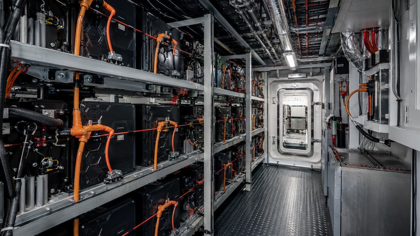 The interior battery room of an electric tugboat, rows of large stacked battery racks with cabling