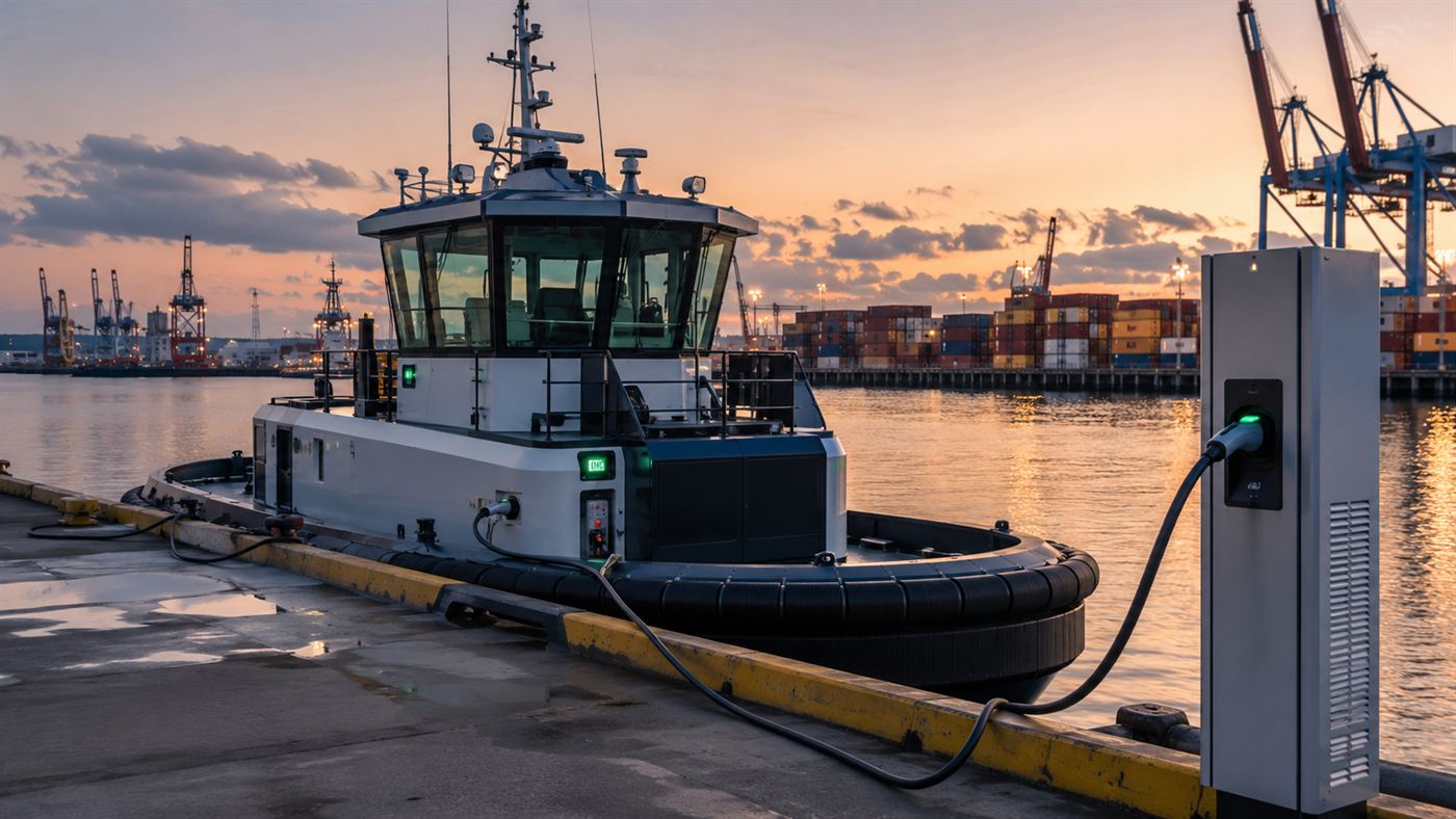 An electric tugboat moored at a port quay at dusk plugged into a shore charging cable