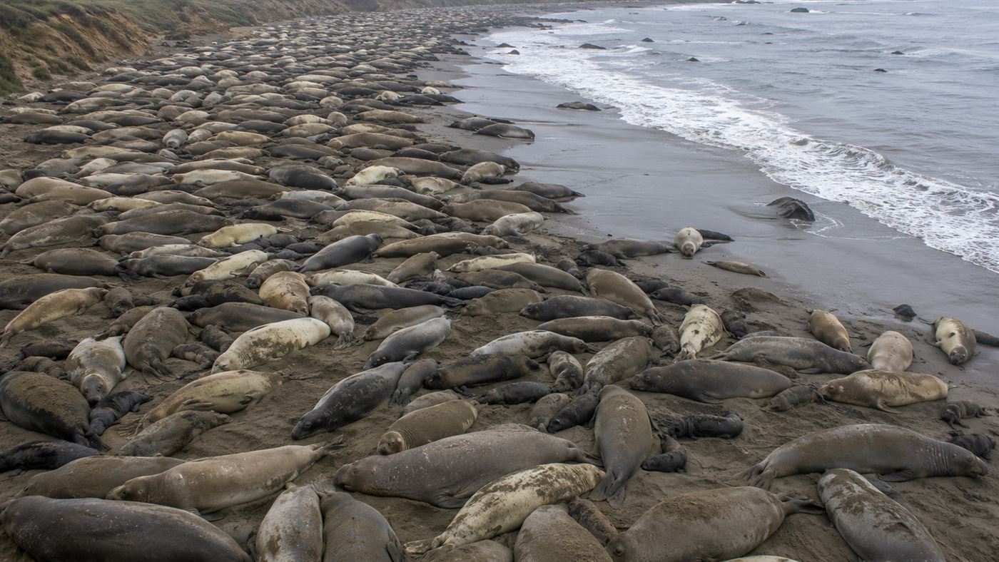 A California beach crowded with hundreds of northern elephant seals lying together, adults and pups, a conservation success story