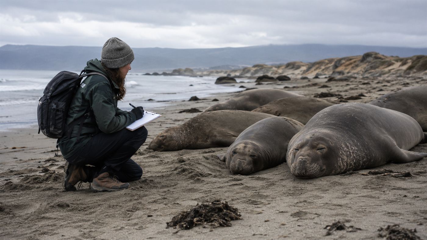 A wildlife researcher observing and taking notes at a respectful distance from a group of elephant seals on a windswept California beach