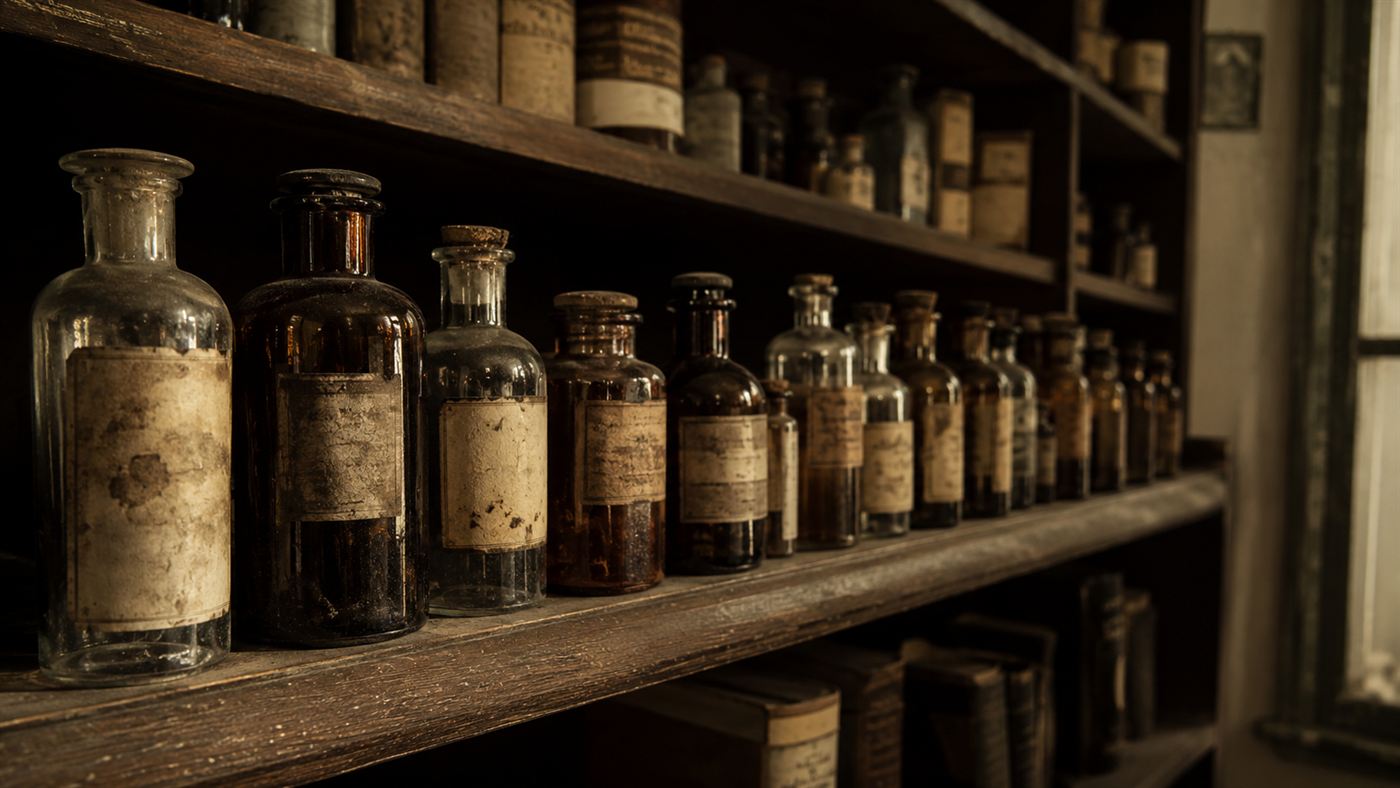 Rows of small amber 1930s medicine bottles on a dim pharmacy shelf, evoking the poisoned Elixir Sulfanilamide of 1937