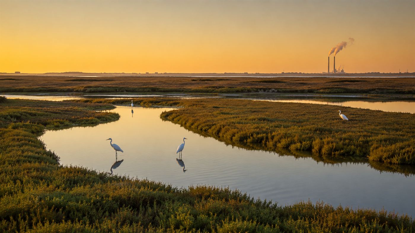 The calm Elkhorn Slough estuary marsh at golden hour with tidal channels and egrets and an industrial smokestack on the far horizon