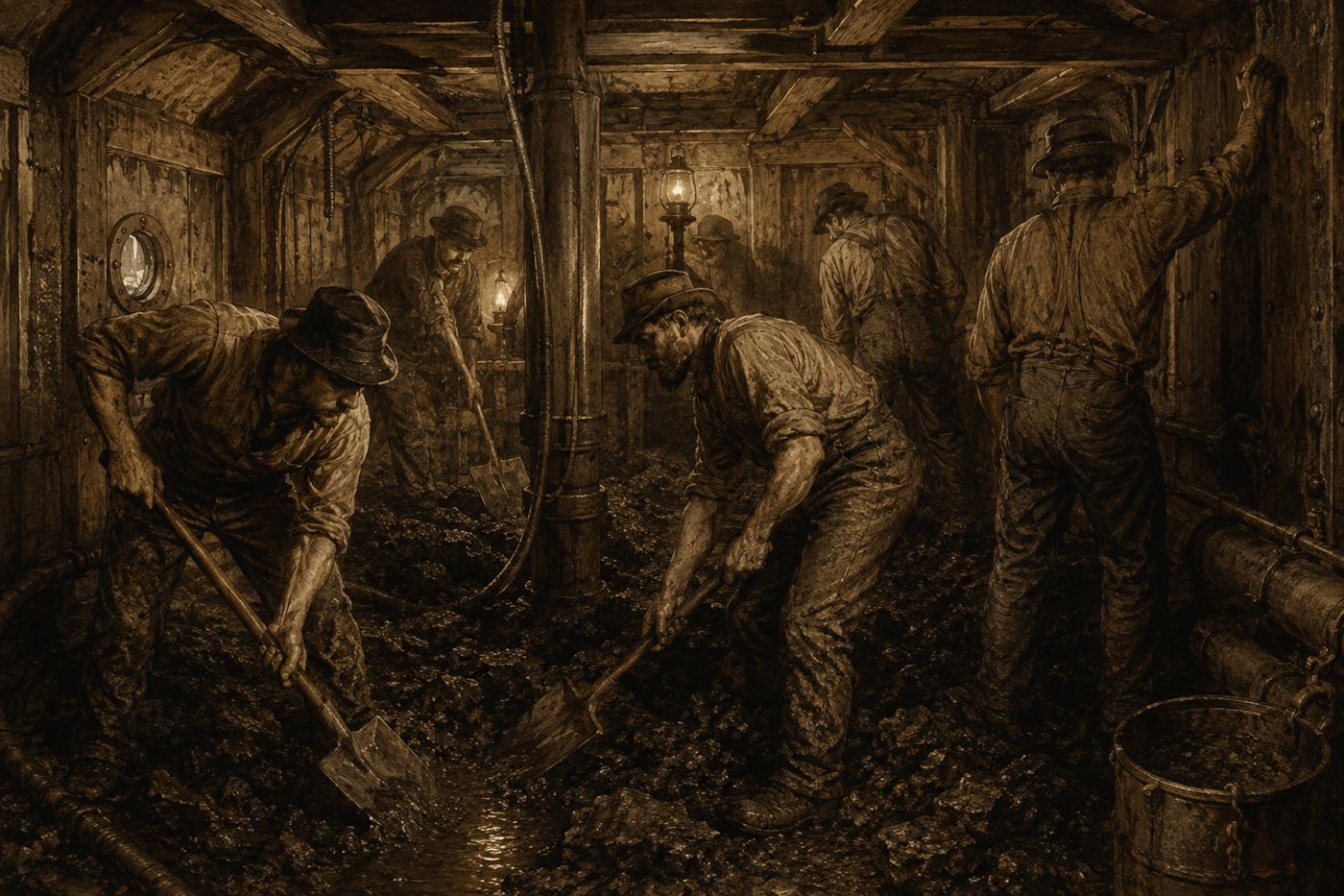 Workers digging by lamplight inside a pressurised timber caisson under the river during Brooklyn Bridge construction