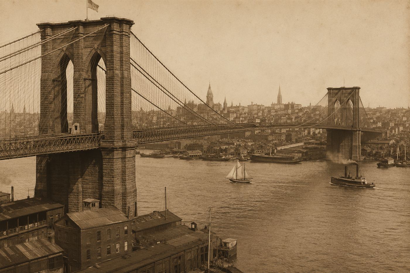 The Brooklyn Bridge around 1883, its gothic stone towers spanning the East River