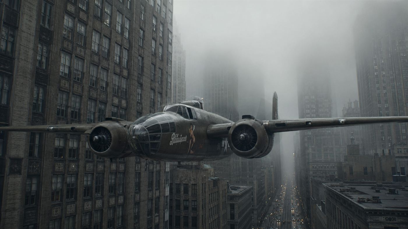 A 1940s twin-engined B-25 bomber flying low between Manhattan skyscrapers in heavy fog moments before impact