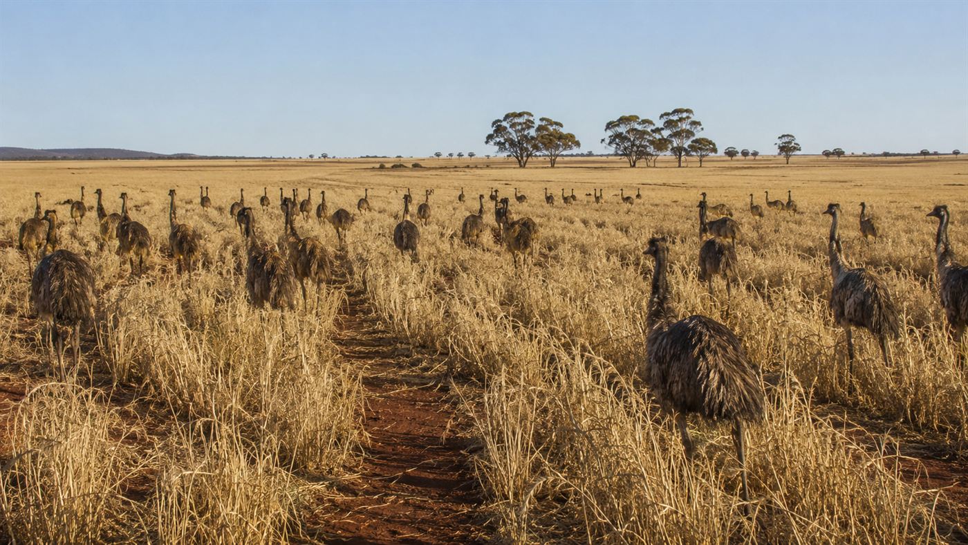 Emu War 1932 Western Australia wheat farm, large mob of emus moving through dry golden fields under clear Australian sky, flat outback landscape