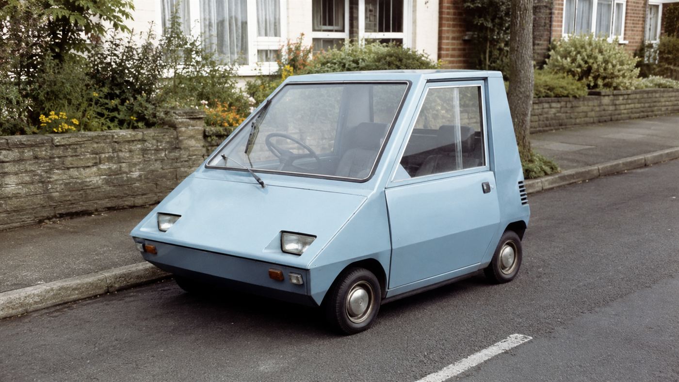 A tiny boxy 1970s Enfield 8000 electric city car parked on a British street