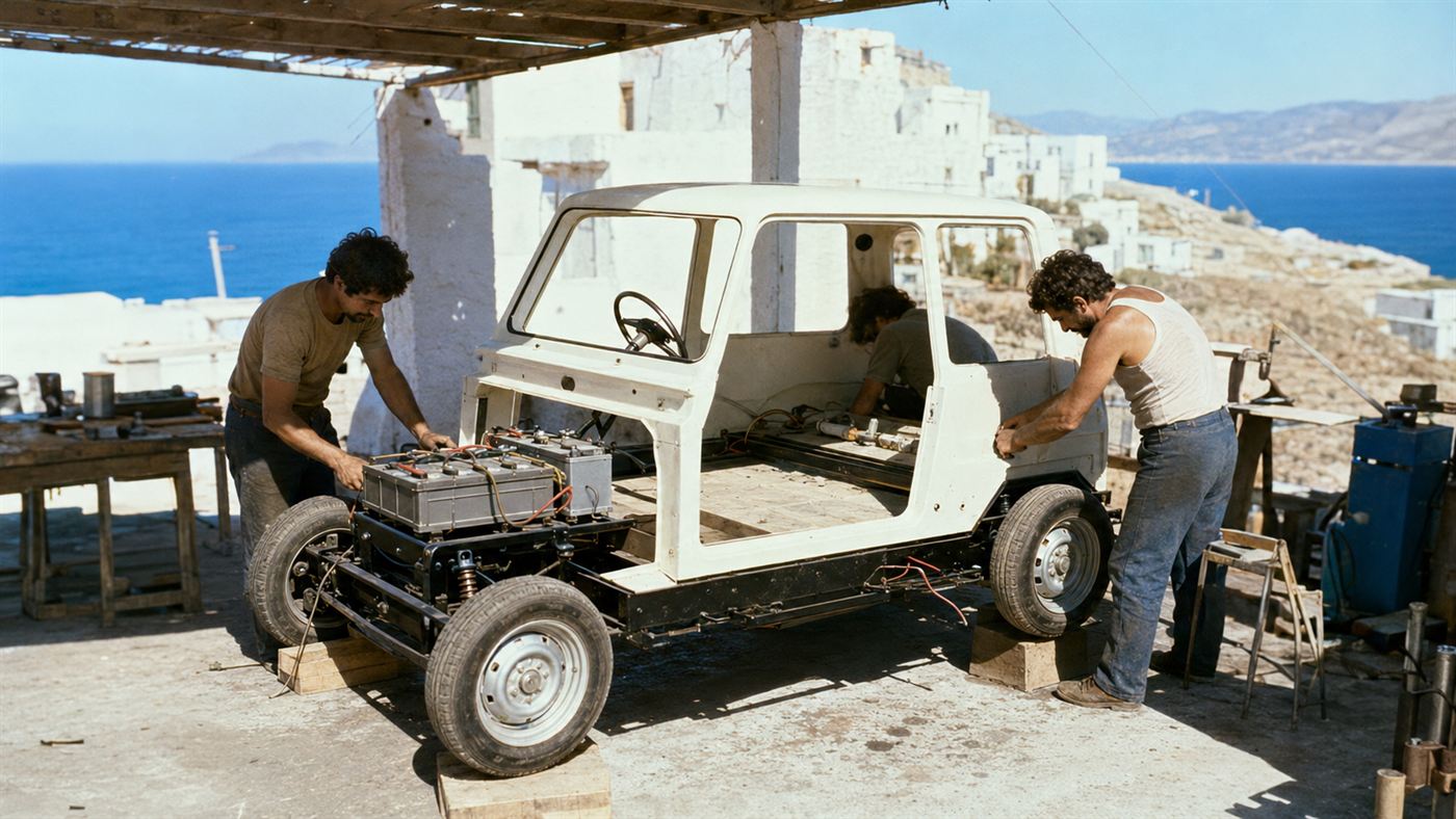 A small 1970s electric car body being assembled in a modest workshop on a sunlit Greek island
