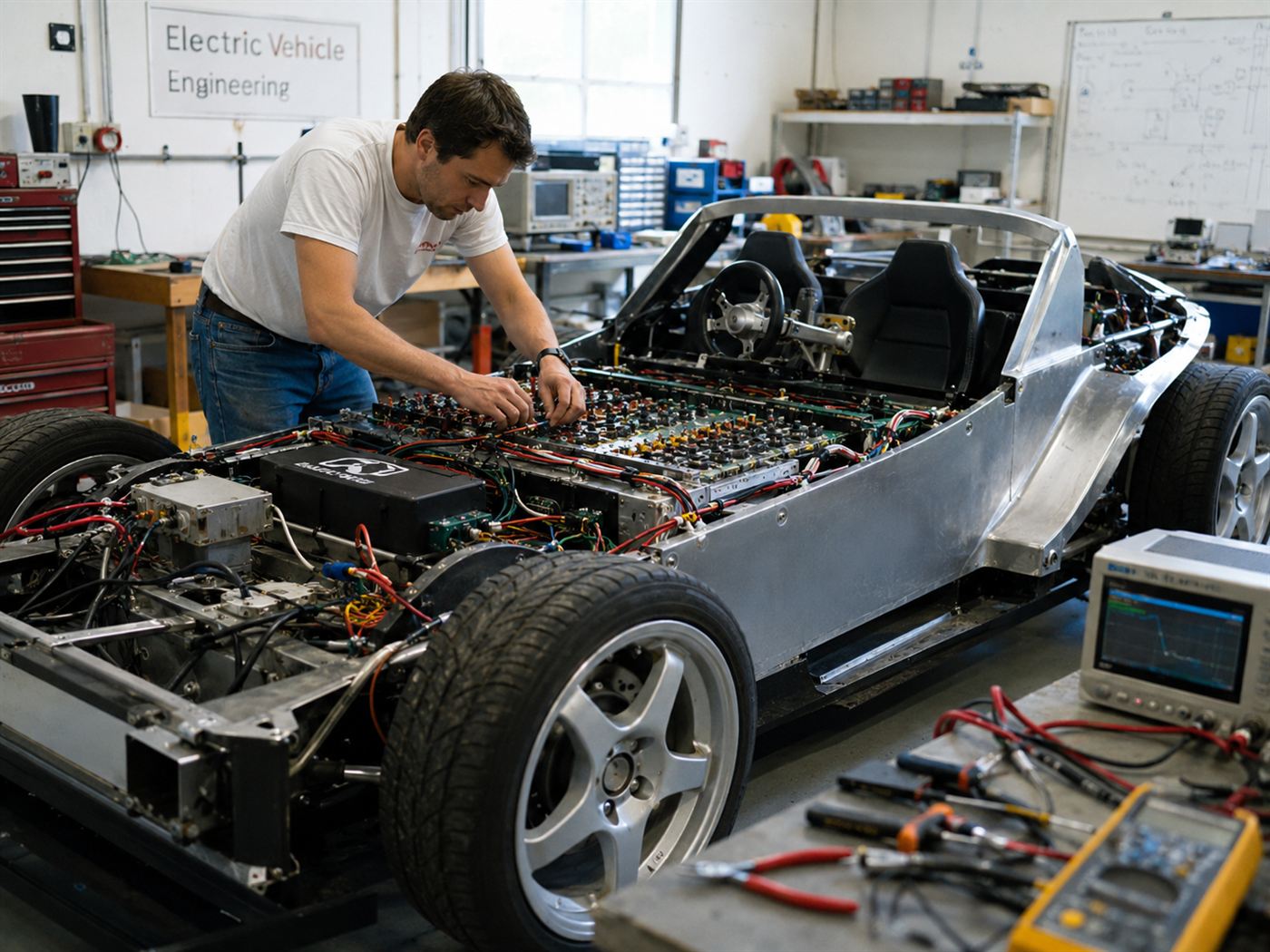 An engineer wiring battery packs into an electric sports car in a small workshop, in the spirit of the tzero