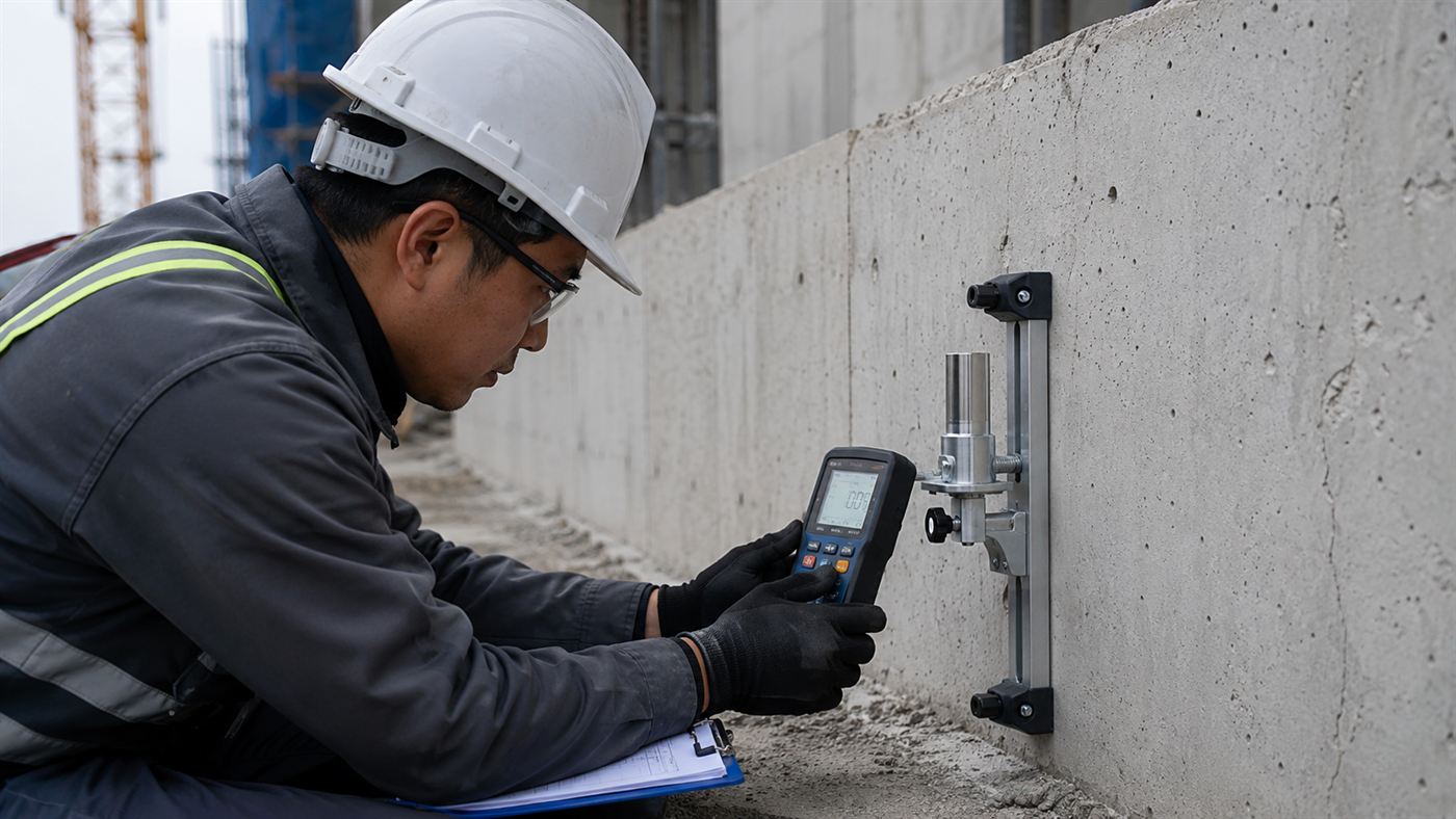 An engineer in a hard hat reading a precise tilt-measuring instrument against the concrete base of a high-rise