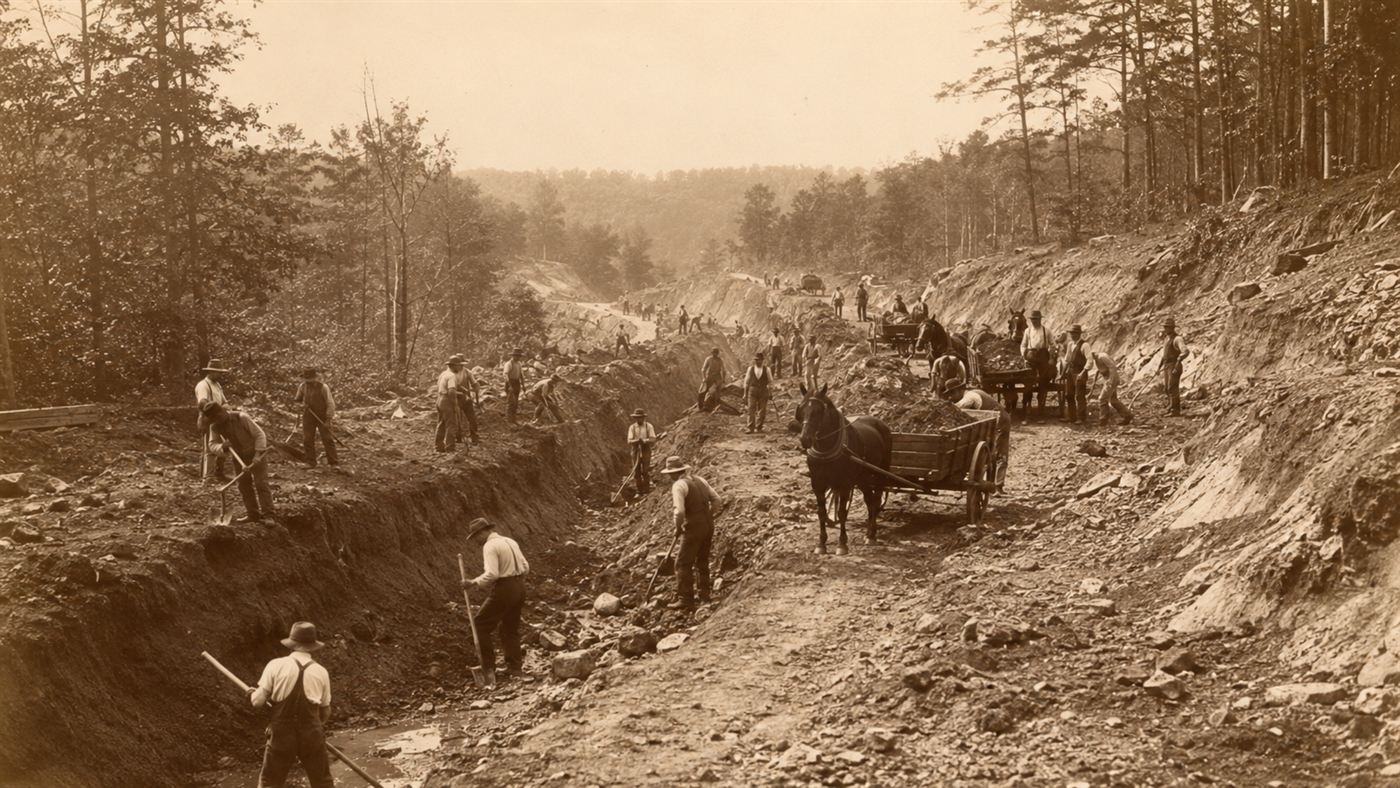 1820s labourers digging a wide canal trench by hand with shovels and horse-drawn carts through wooded countryside