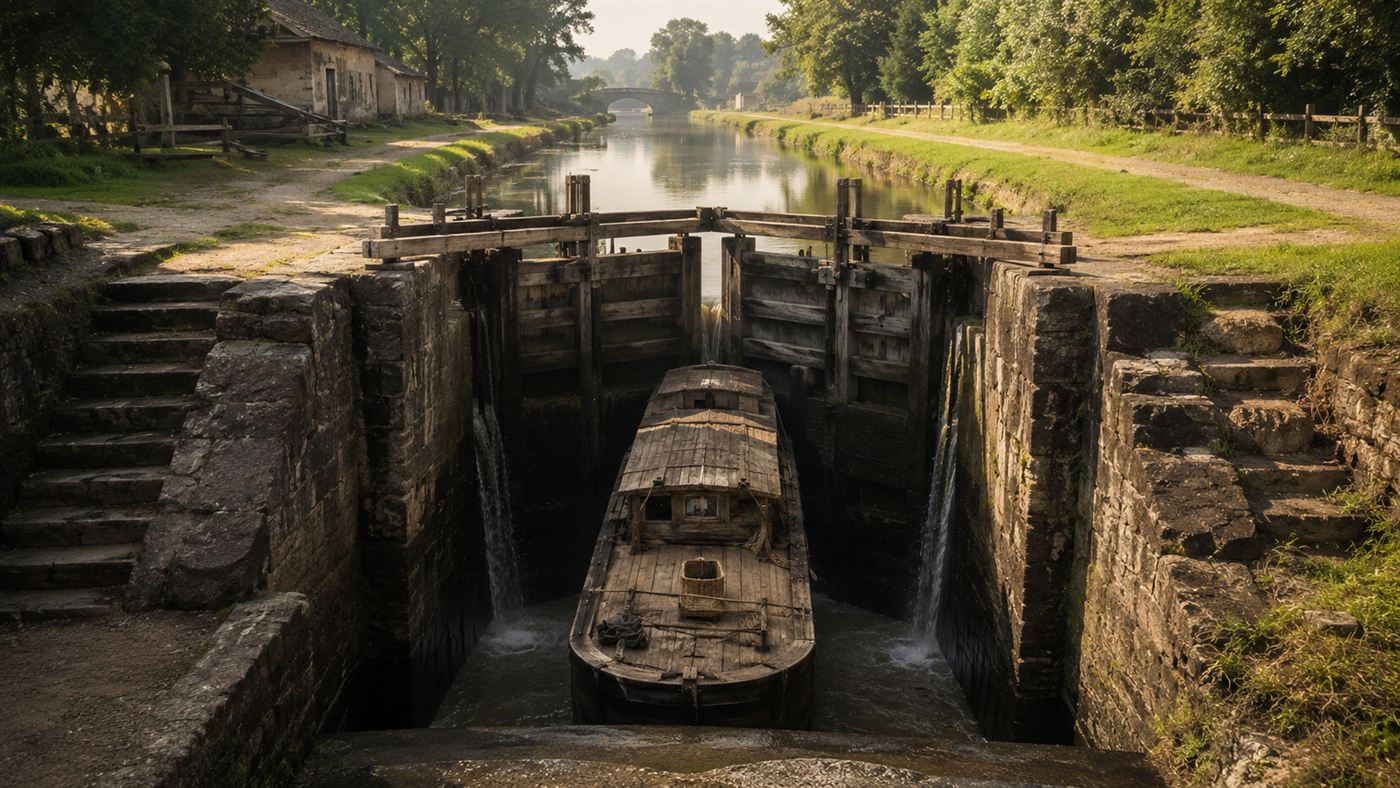 A stone canal lock with wooden gates raising a wooden barge between two water levels on a 19th-century canal