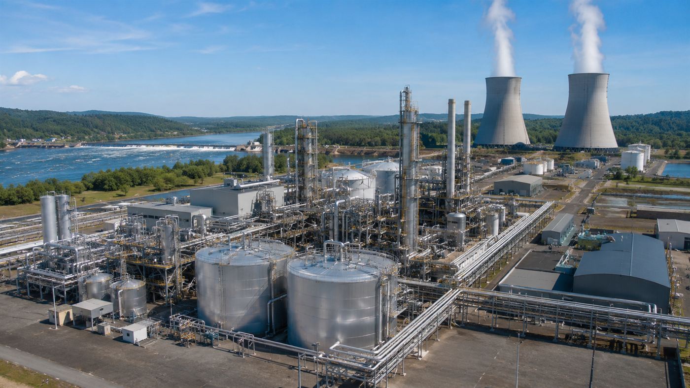 A modern clean fuel plant with tanks and pipes that turns carbon dioxide and water into jet fuel under a blue sky
